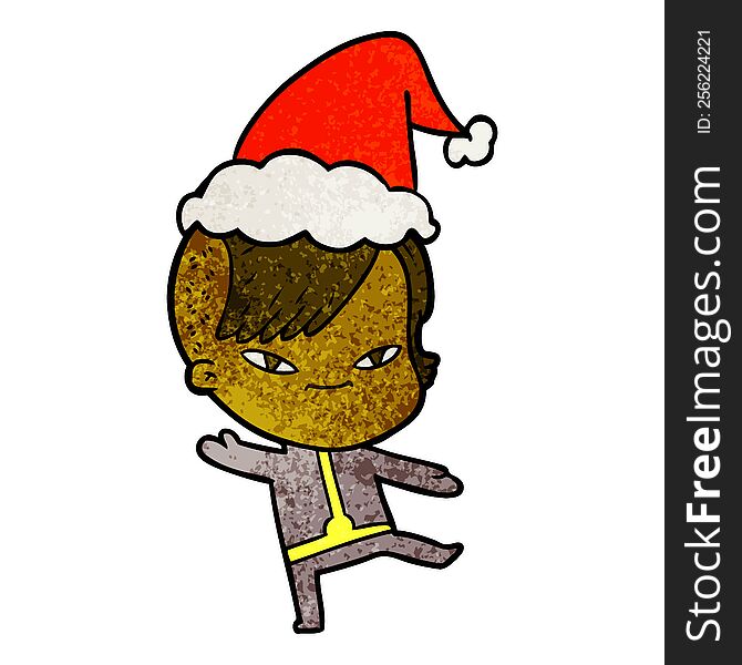 cute hand drawn textured cartoon of a girl with hipster haircut wearing santa hat