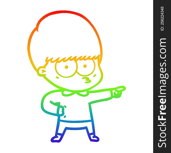 Rainbow Gradient Line Drawing Nervous Cartoon Boy Pointing