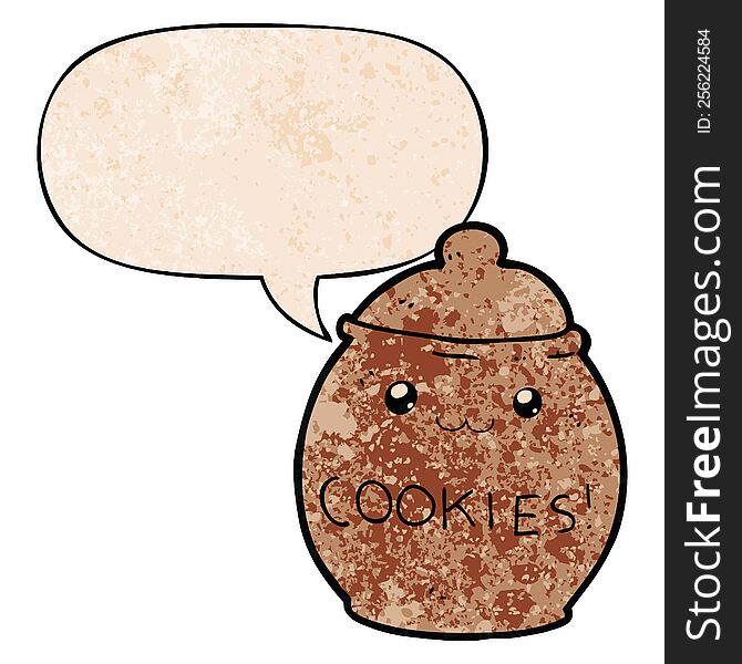 cartoon cookie jar with speech bubble in retro texture style