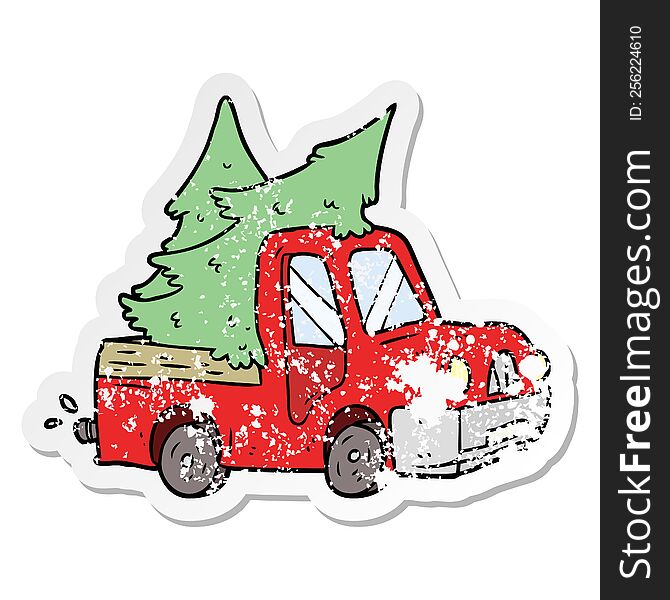 distressed sticker of a cartoon pickup truck carrying trees