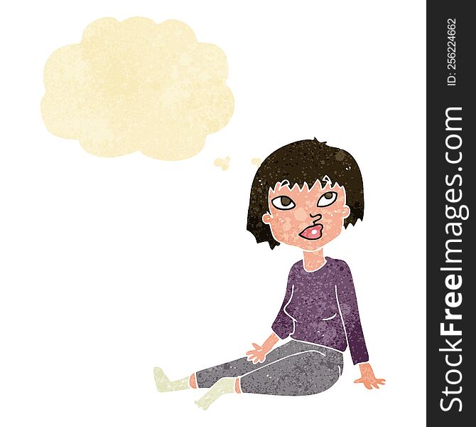 cartoon woman sitting on floor with thought bubble