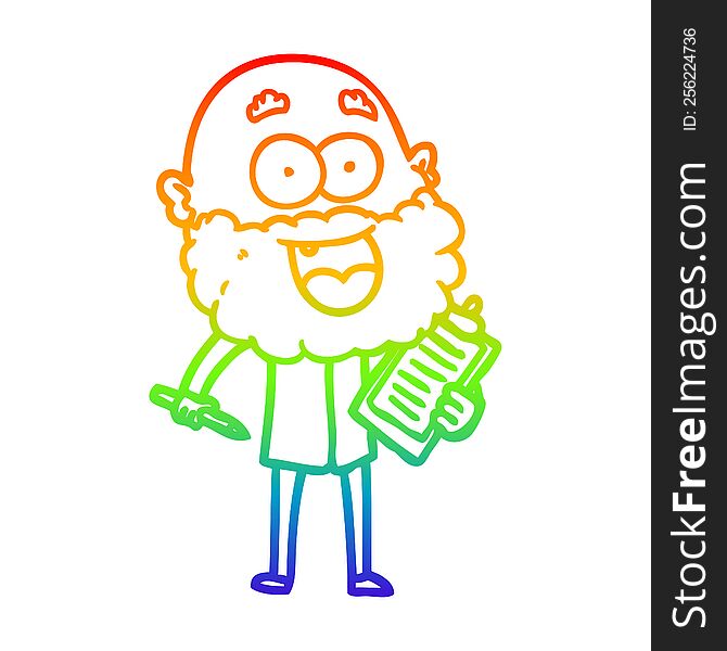Rainbow Gradient Line Drawing Cartoon Crazy Happy Man With Beard And Clip Board For Notes