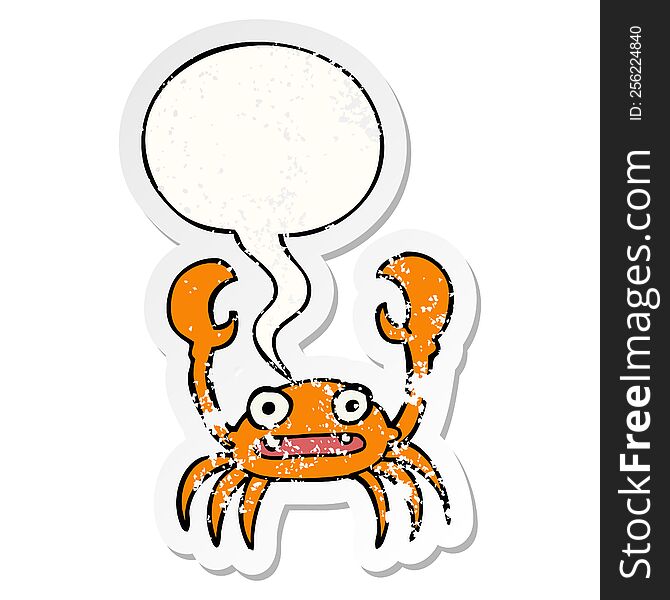 cartoon crab with speech bubble distressed distressed old sticker. cartoon crab with speech bubble distressed distressed old sticker
