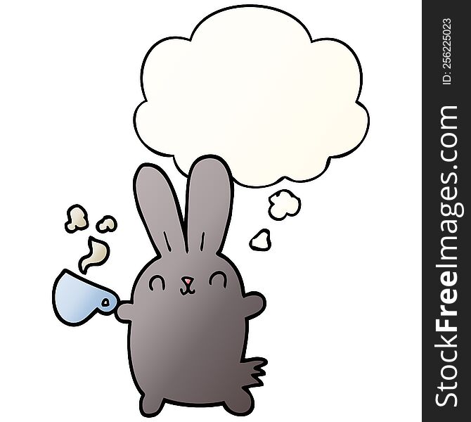 Cute Cartoon Rabbit With Coffee Cup And Thought Bubble In Smooth Gradient Style