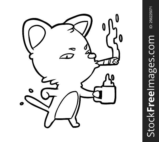 line drawing of a serious business cat with coffee and cigar. line drawing of a serious business cat with coffee and cigar