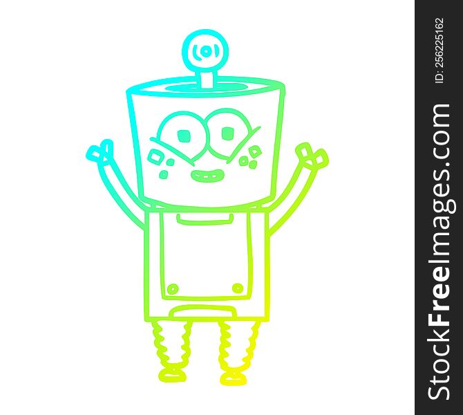 cold gradient line drawing of a happy cartoon robot waving hello