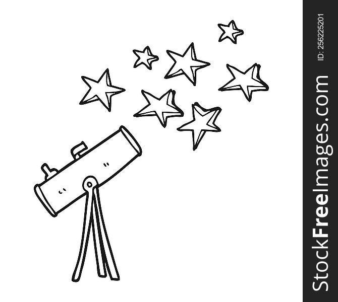 freehand drawn black and white cartoon telescope and stars