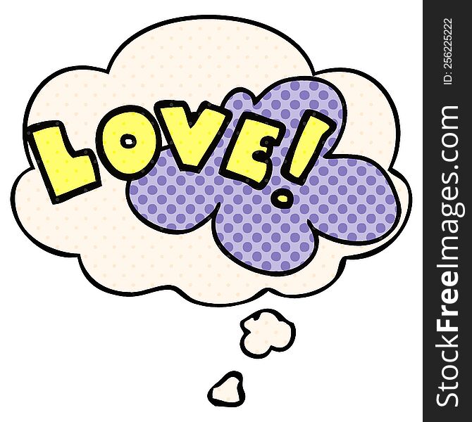 cartoon word love with thought bubble in comic book style