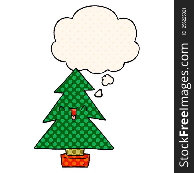 Cartoon Christmas Tree And Thought Bubble In Comic Book Style