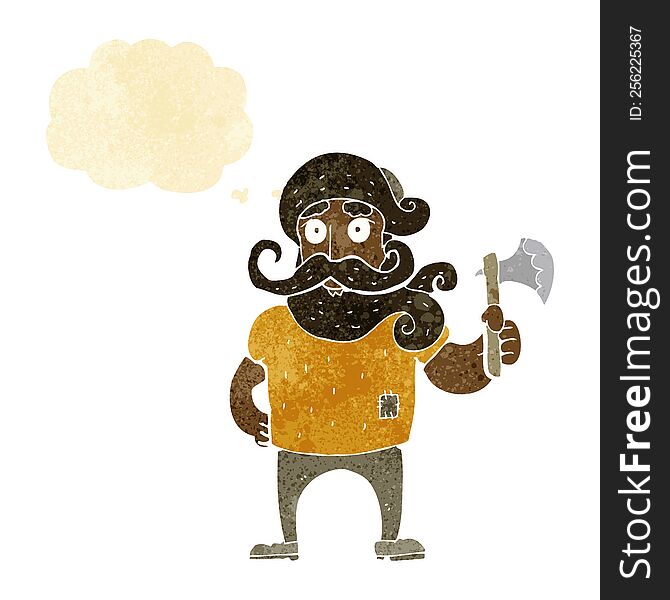 cartoon lumberjack with axe with thought bubble