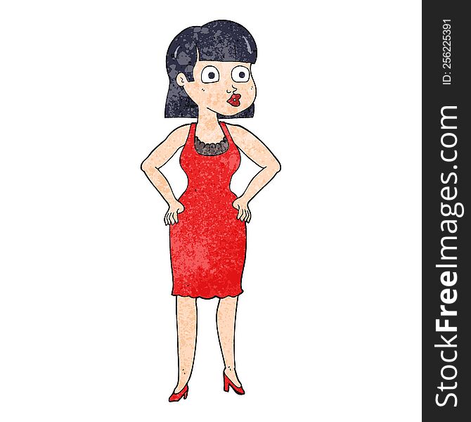 freehand textured cartoon woman in dress with hands on hips