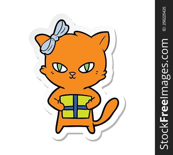 sticker of a cute cartoon cat with present