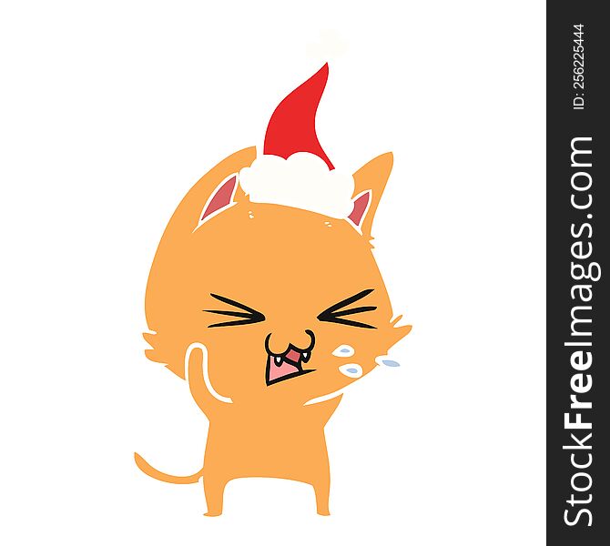 Flat Color Illustration Of A Cat Hissing Wearing Santa Hat