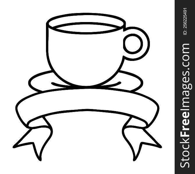 traditional black linework tattoo with banner of a cup of coffee