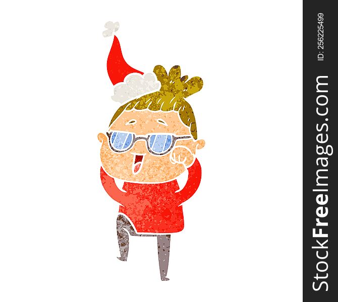 hand drawn retro cartoon of a happy woman wearing spectacles wearing santa hat