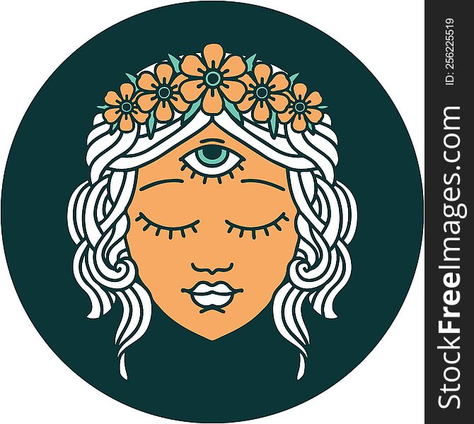 iconic tattoo style image of female face with third eye and crown of flowers. iconic tattoo style image of female face with third eye and crown of flowers