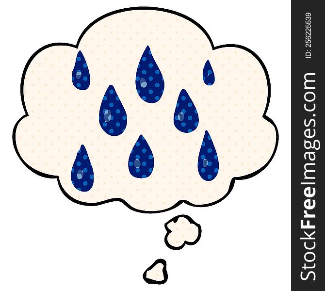 cartoon raindrops with thought bubble in comic book style