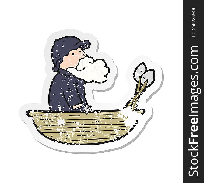 distressed sticker of a cartoon fisherman