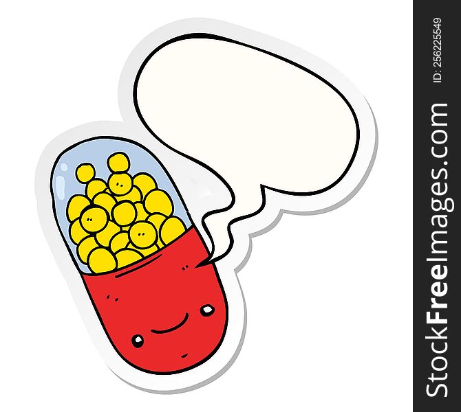 cartoon pill with speech bubble sticker. cartoon pill with speech bubble sticker