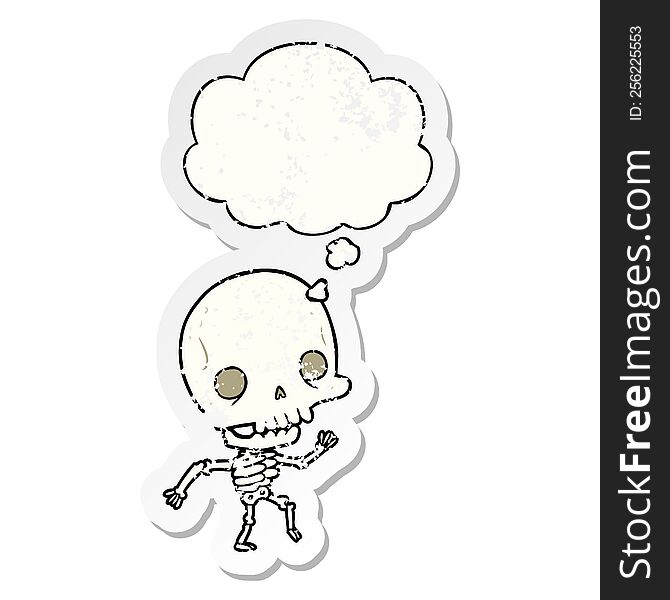 cartoon skeleton with thought bubble as a distressed worn sticker