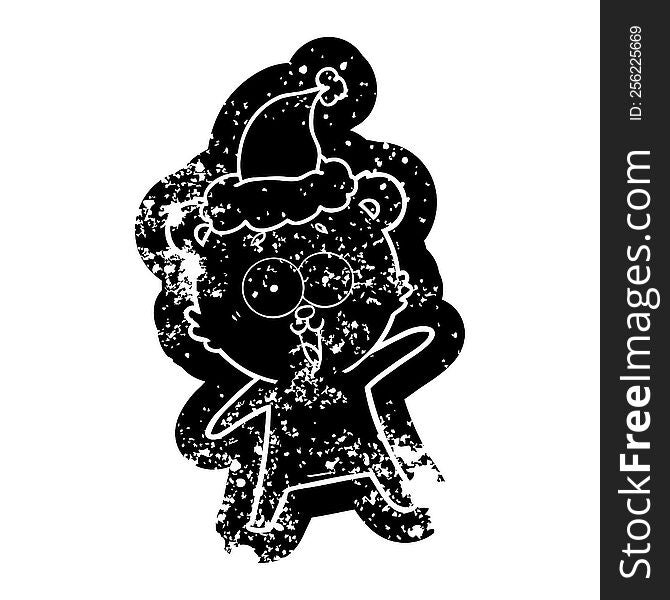 Laughing Teddy  Bear Cartoon Distressed Icon Of A Wearing Santa Hat