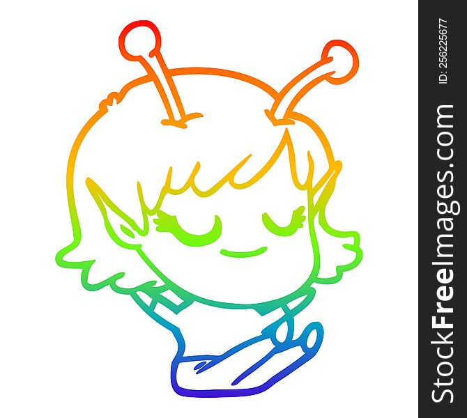 Rainbow Gradient Line Drawing Smiling Alien Girl Cartoon Sitting