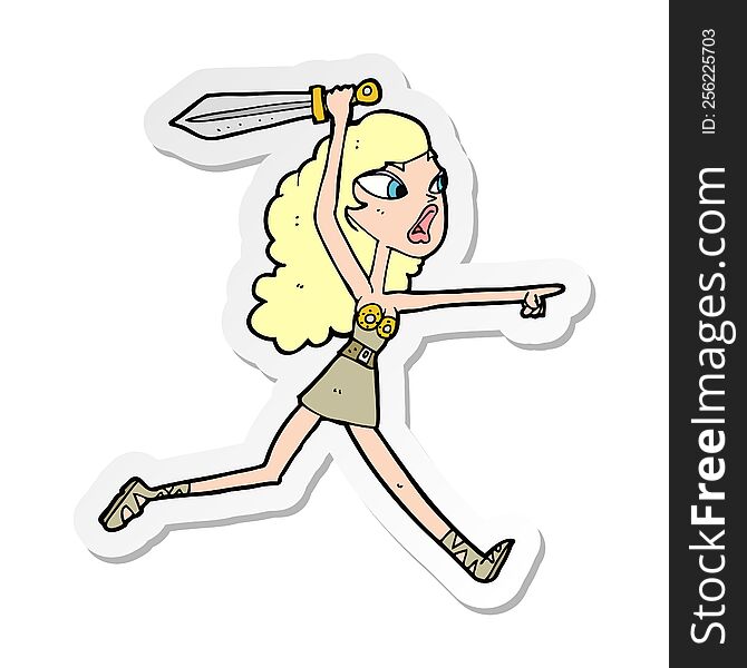 Sticker Of A Cartoon Viking Girl With Sword