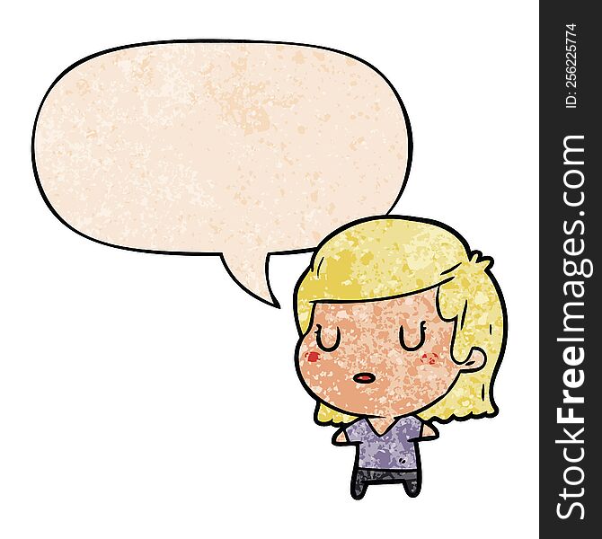 cartoon woman with speech bubble in retro texture style