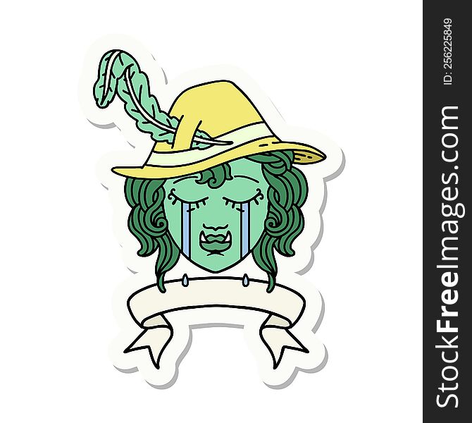 sticker of a crying orc bard character with banner. sticker of a crying orc bard character with banner