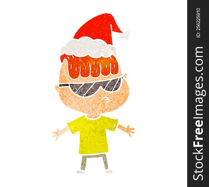 hand drawn retro cartoon of a boy wearing sunglasses wearing santa hat