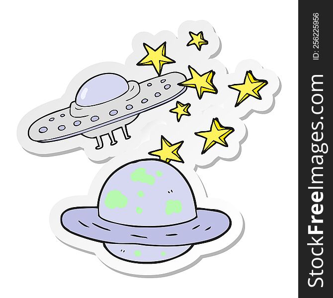 sticker of a cartoon flying saucer and planet