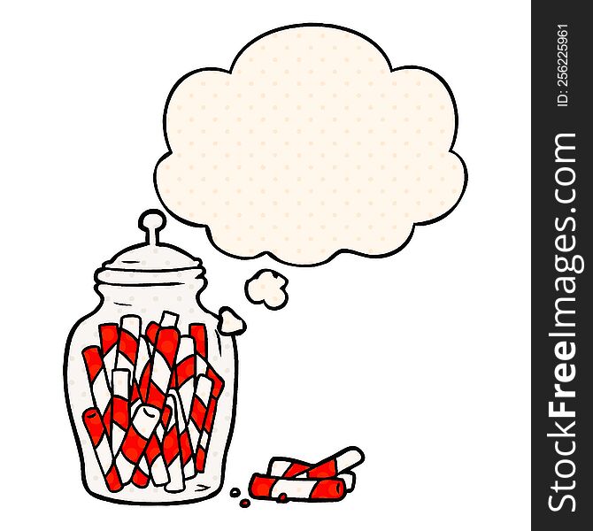 Cartoon Jar Of Candy And Thought Bubble In Comic Book Style