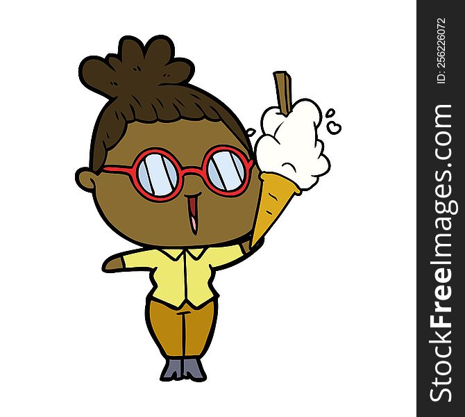 cartoon woman wearing spectacles with ice cream. cartoon woman wearing spectacles with ice cream
