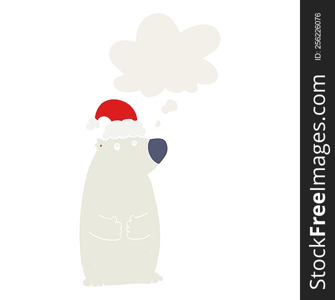 Cartoon Bear Wearing Christmas Hat And Thought Bubble In Retro Style