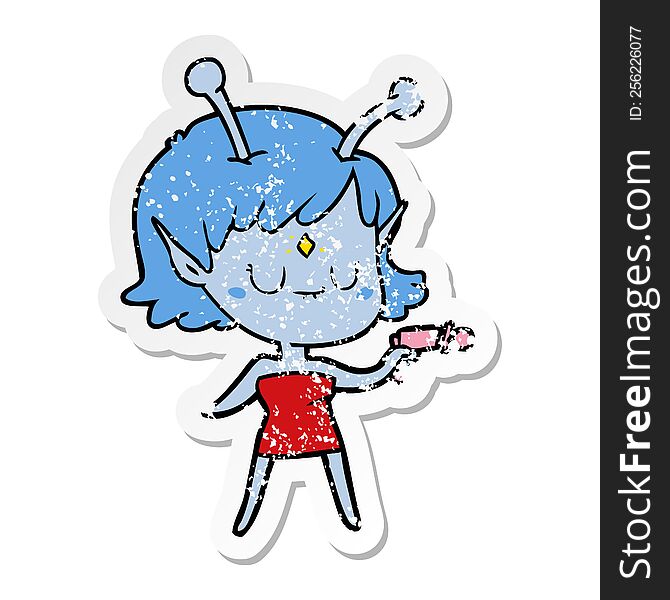 distressed sticker of a cartoon alien girl with ray gun