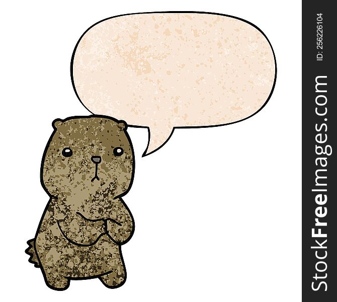 Cartoon Worried Bear And Speech Bubble In Retro Texture Style