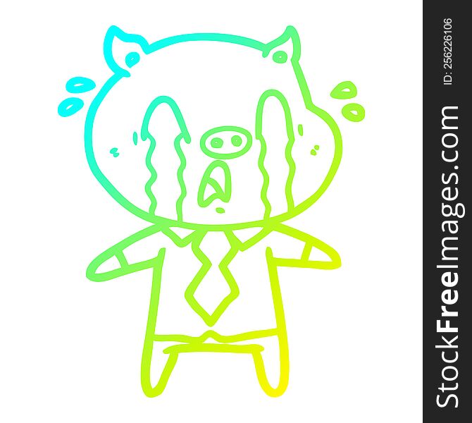 cold gradient line drawing of a crying pig cartoon wearing human clothes