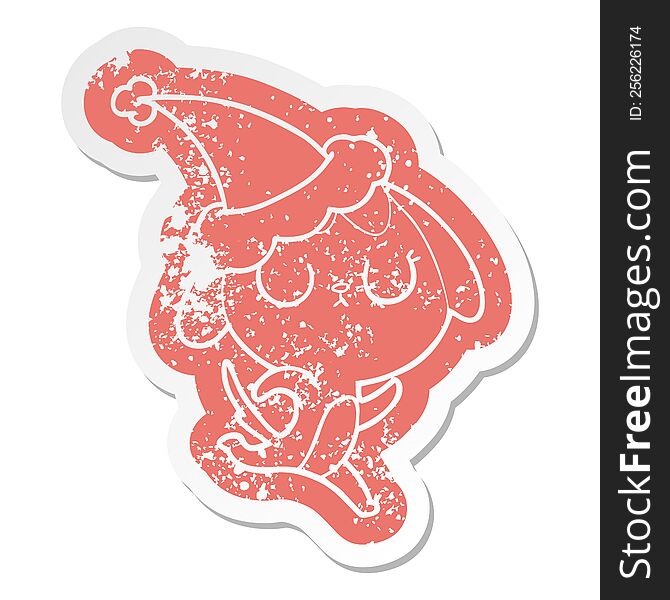 Cute Cartoon Distressed Sticker Of A Dog Wearing Santa Hat