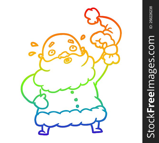 rainbow gradient line drawing of a santa claus waving his hat