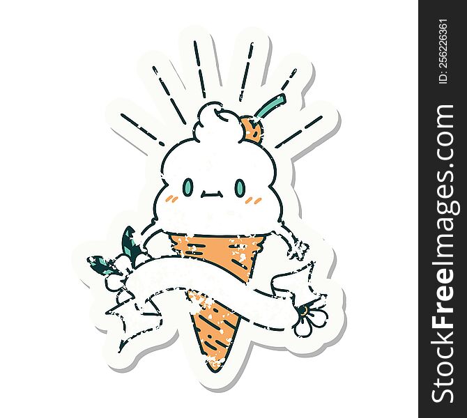 worn old sticker of a tattoo style ice cream character. worn old sticker of a tattoo style ice cream character