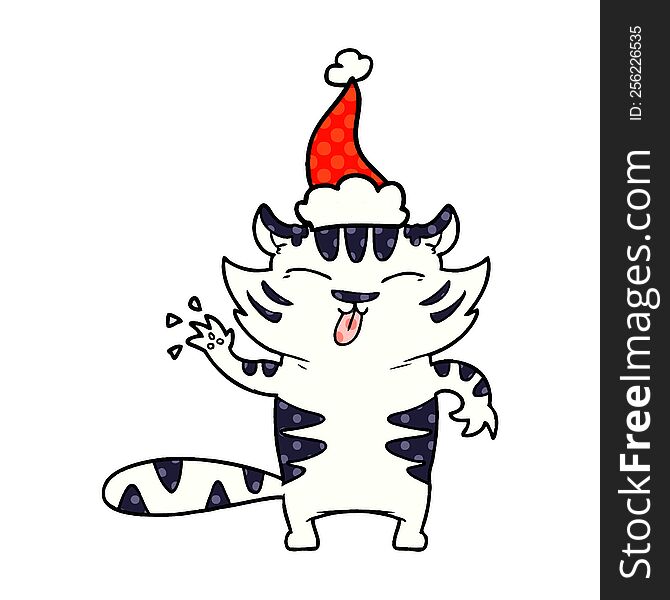 hand drawn comic book style illustration of a white tiger wearing santa hat