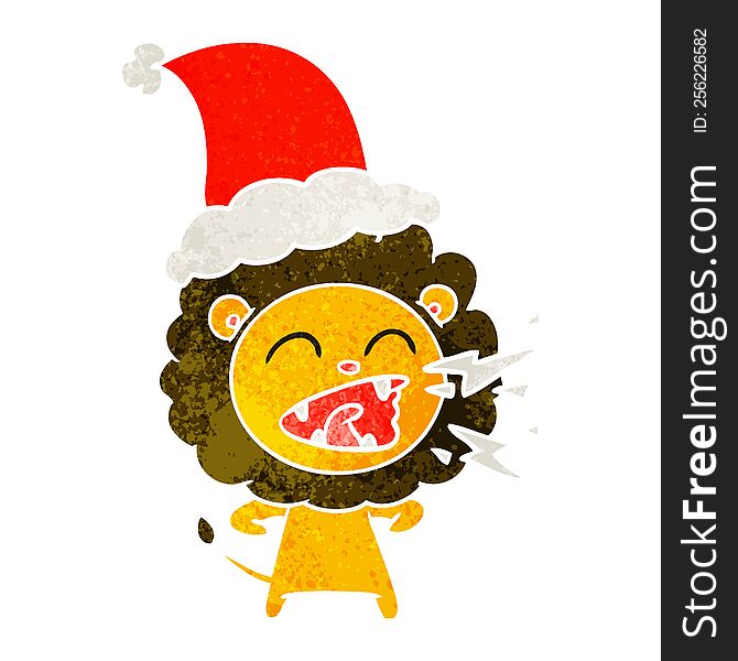 Retro Cartoon Of A Roaring Lion Wearing Santa Hat