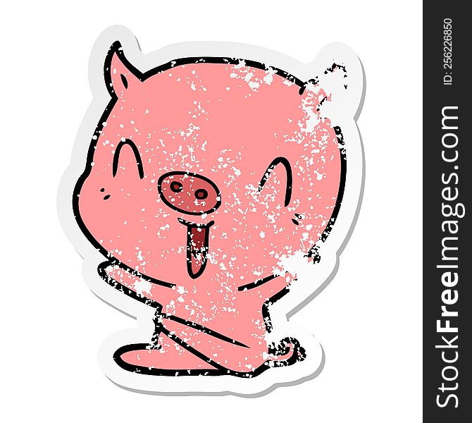 distressed sticker of a happy cartoon sitting pig