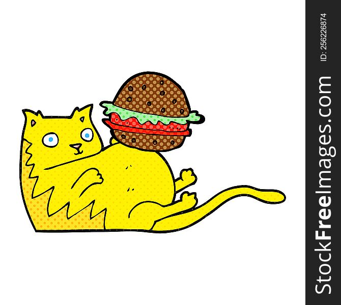 freehand drawn cartoon fat cat with burger