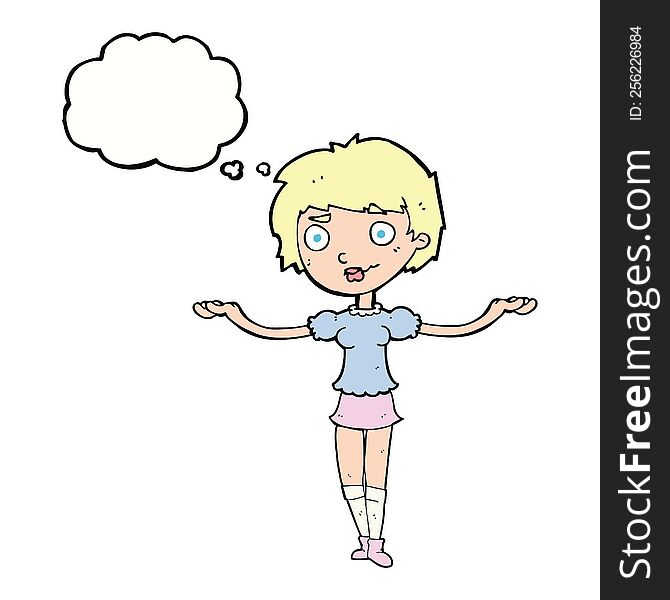 Cartoon Woman Spreading Arms With Thought Bubble
