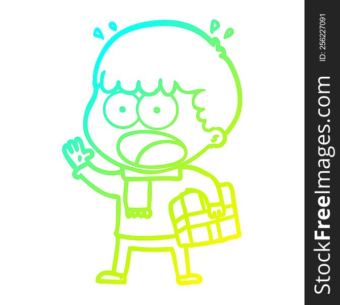 cold gradient line drawing of a cartoon shocked man with gift