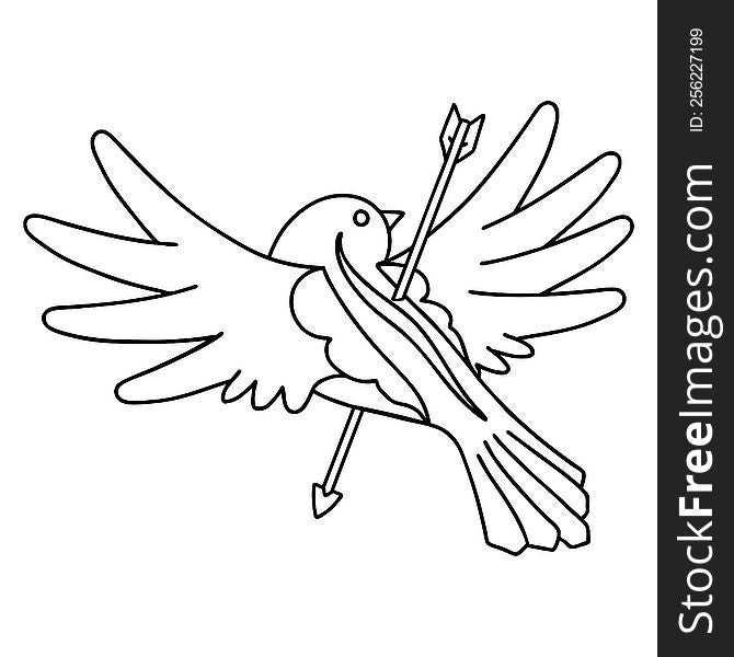 tattoo in black line style of a dove pierced with arrow. tattoo in black line style of a dove pierced with arrow