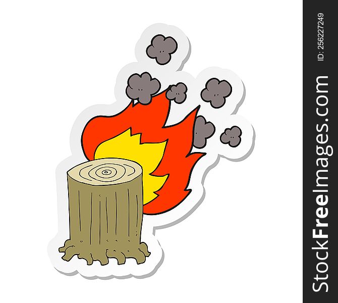 Sticker Of A Cartoon Tree Stump On Fire