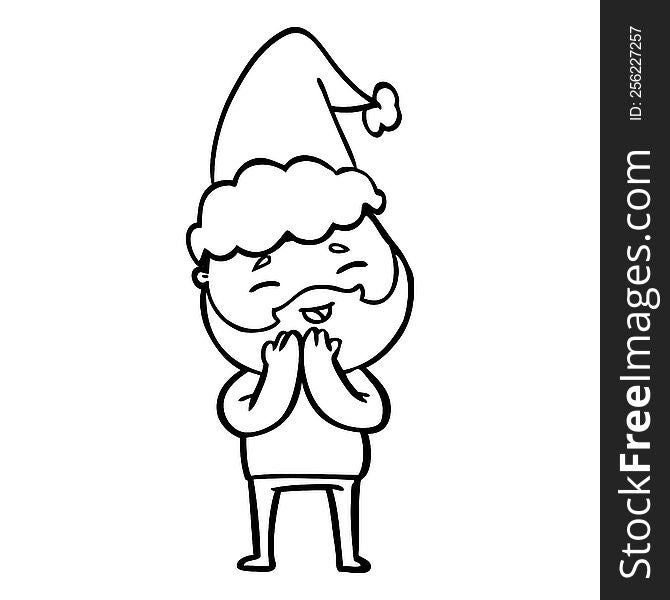 Line Drawing Of A Happy Bearded Man Wearing Santa Hat