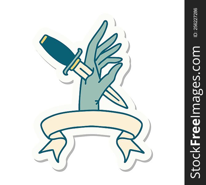 tattoo style sticker with banner of a dagger in the hand